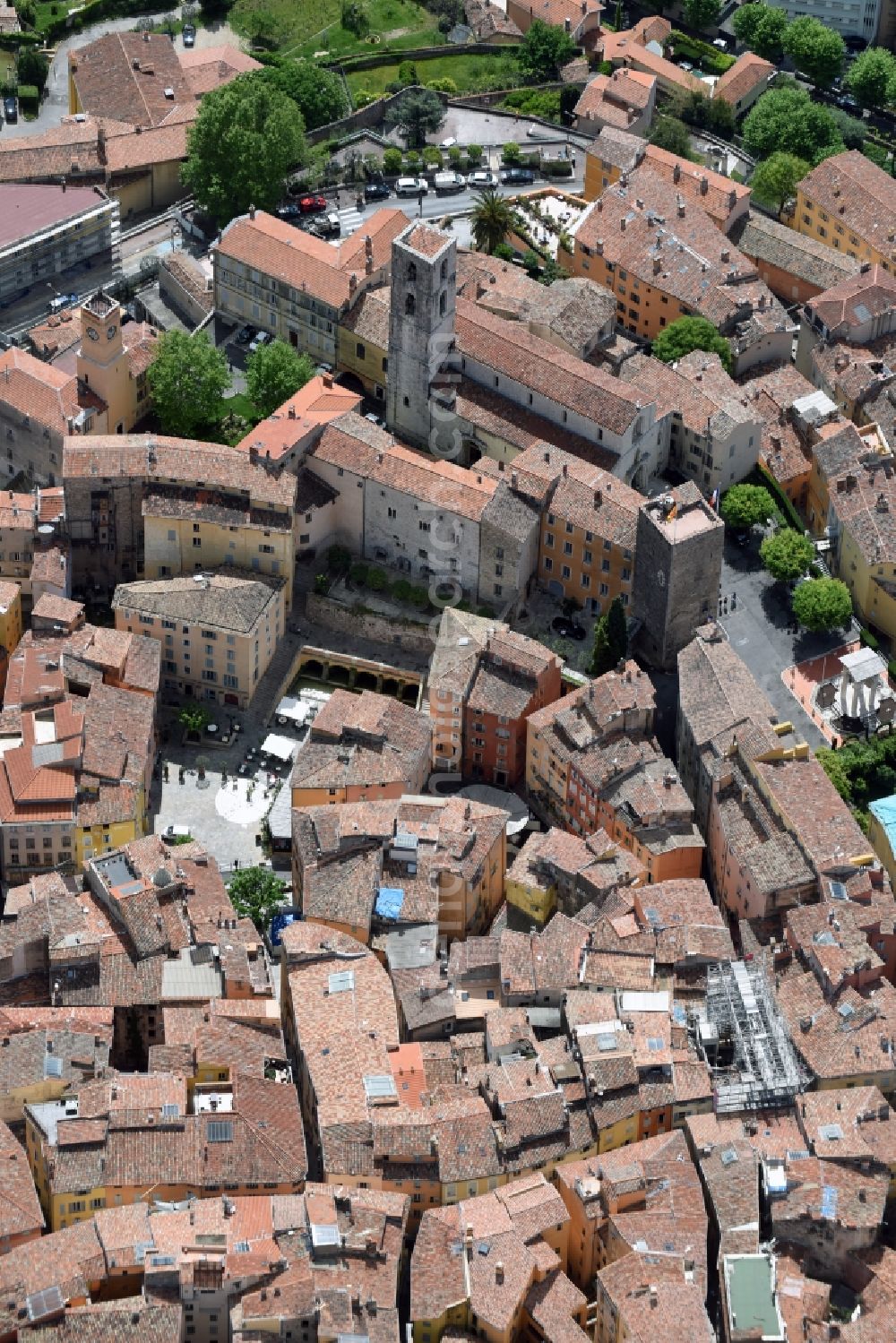 Grasse from the bird's eye view: Church building Old Town- center of downtown in Grasse in Provence-Alpes-Cote d'Azur, France