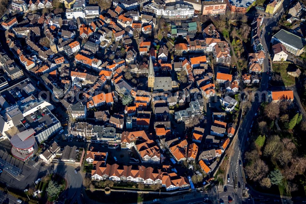 Hattingen from above - Church building in Old Town- center of downtown in Hattingen in the state North Rhine-Westphalia, Germany