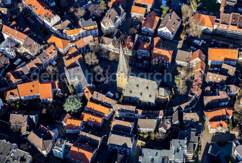 Hattingen from the bird's eye view: Church building in Old Town- center of downtown in Hattingen in the state North Rhine-Westphalia, Germany