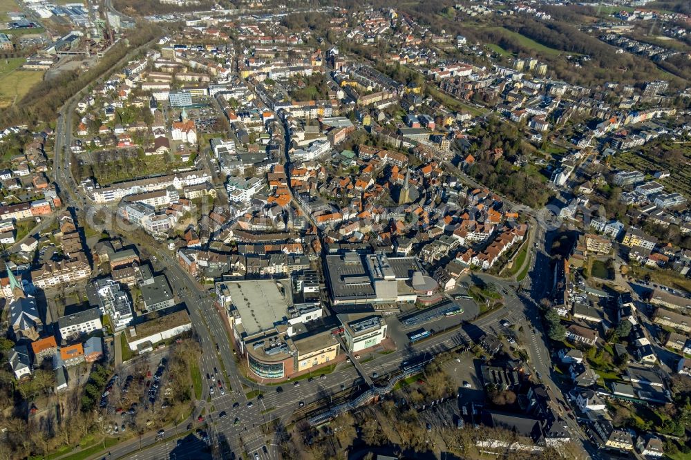 Hattingen from the bird's eye view: Church building in Old Town- center of downtown in Hattingen in the state North Rhine-Westphalia, Germany