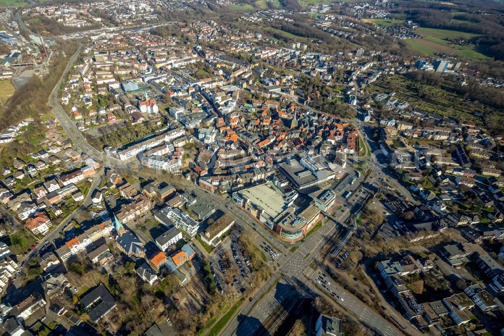 Aerial photograph Hattingen - Church building in Old Town- center of downtown in Hattingen in the state North Rhine-Westphalia, Germany