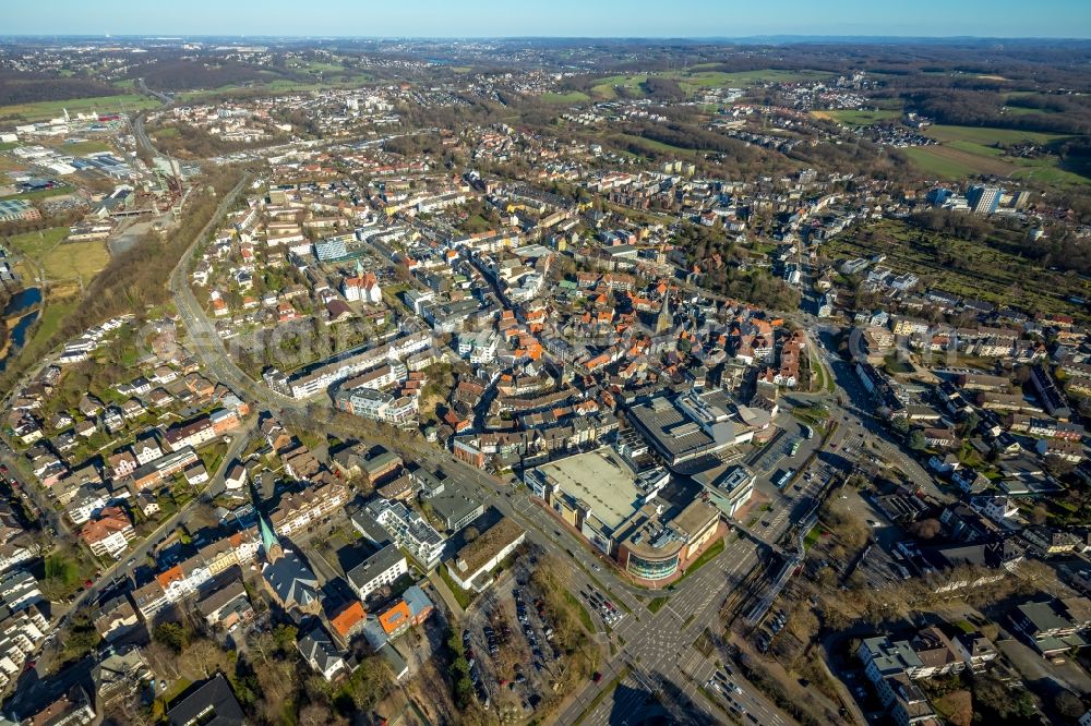 Hattingen from above - Church building in Old Town- center of downtown in Hattingen in the state North Rhine-Westphalia, Germany