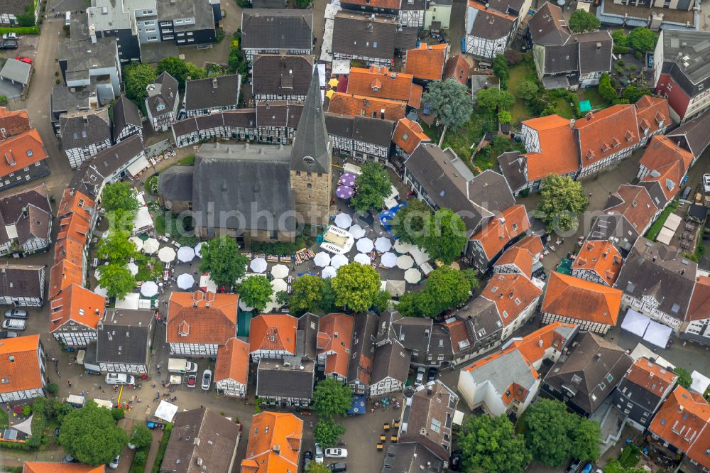 Hattingen from above - Church building in Old Town- center of downtown in Hattingen in the state North Rhine-Westphalia, Germany