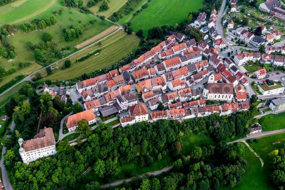 Mühlheim an der Donau from above - Church building in Old Town- center of downtown in Muehlheim an der Donau in the state Baden-Wuerttemberg, Germany