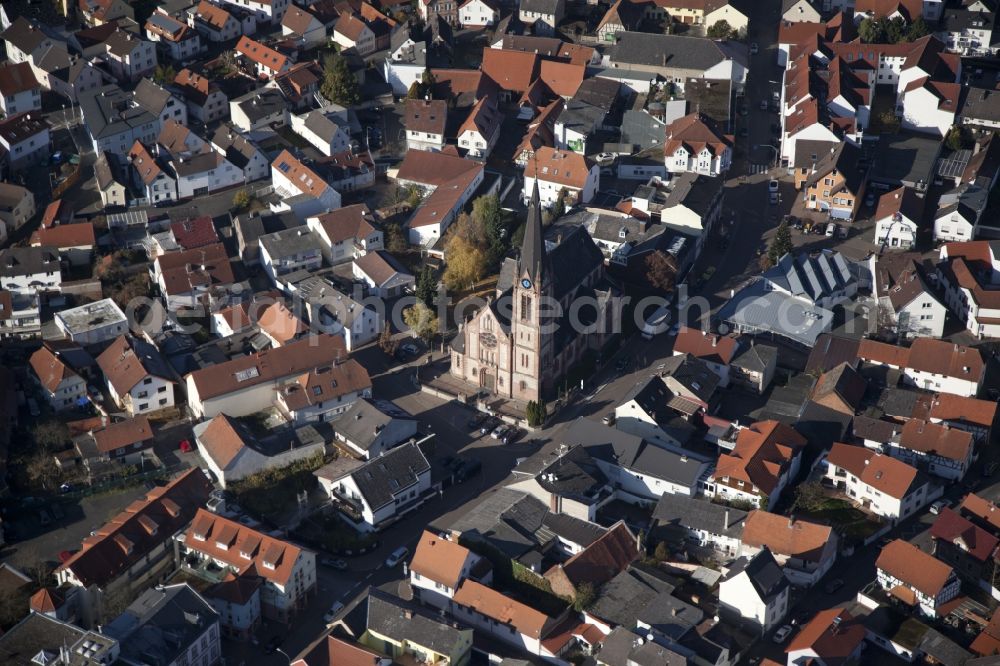 Aerial image Rödermark - Church building in Old Town- center of downtown in the district Ober-Roden in Roedermark in the state Hesse