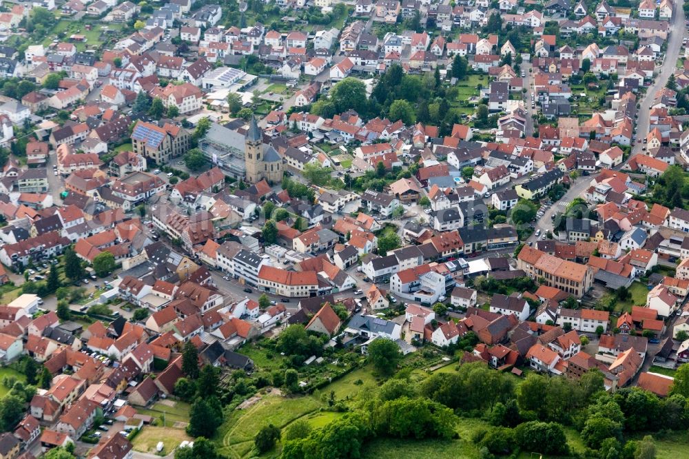 Östringen from above - Church building in Old Town- center of downtown in Oestringen in the state Baden-Wuerttemberg, Germany