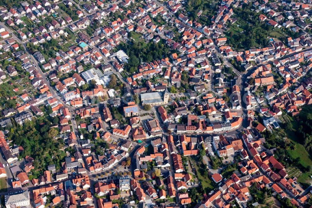 Aerial image Östringen - Church building in Old Town- center of downtown in Oestringen in the state Baden-Wuerttemberg, Germany