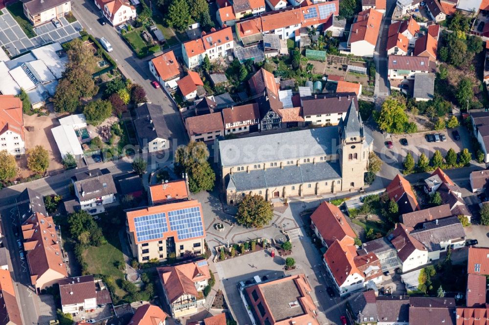 Aerial photograph Östringen - Church building in Old Town- center of downtown in Oestringen in the state Baden-Wuerttemberg, Germany