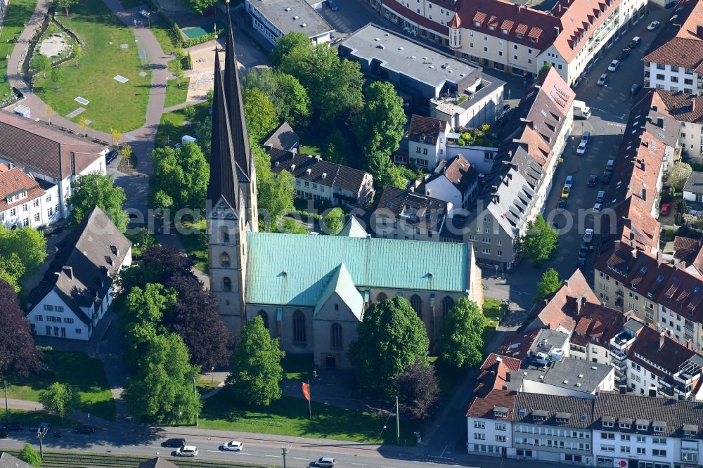 Bielefeld from the bird's eye view: Church building Altstaedter Nicolaikirche in Bielefeld in the state North Rhine-Westphalia, Germany