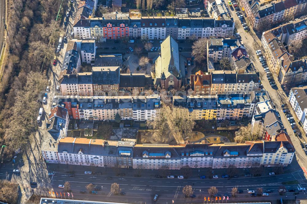 Dortmund from the bird's eye view: Church building St. Antonius on street Holsteiner Strasse in the district Nordmarkt-Suedost in Dortmund at Ruhrgebiet in the state North Rhine-Westphalia, Germany