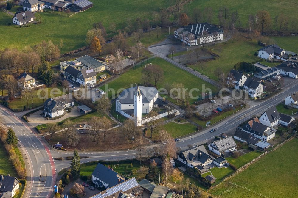 Bremke from above - Church building St. Antonius Einsiedler on street Mindener Strasse in Bremke at Sauerland in the state North Rhine-Westphalia, Germany