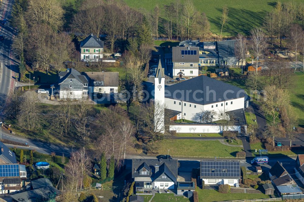 Aerial image Bremke - Church building St. Antonius Einsiedler on street Mindener Strasse in Bremke at Sauerland in the state North Rhine-Westphalia, Germany