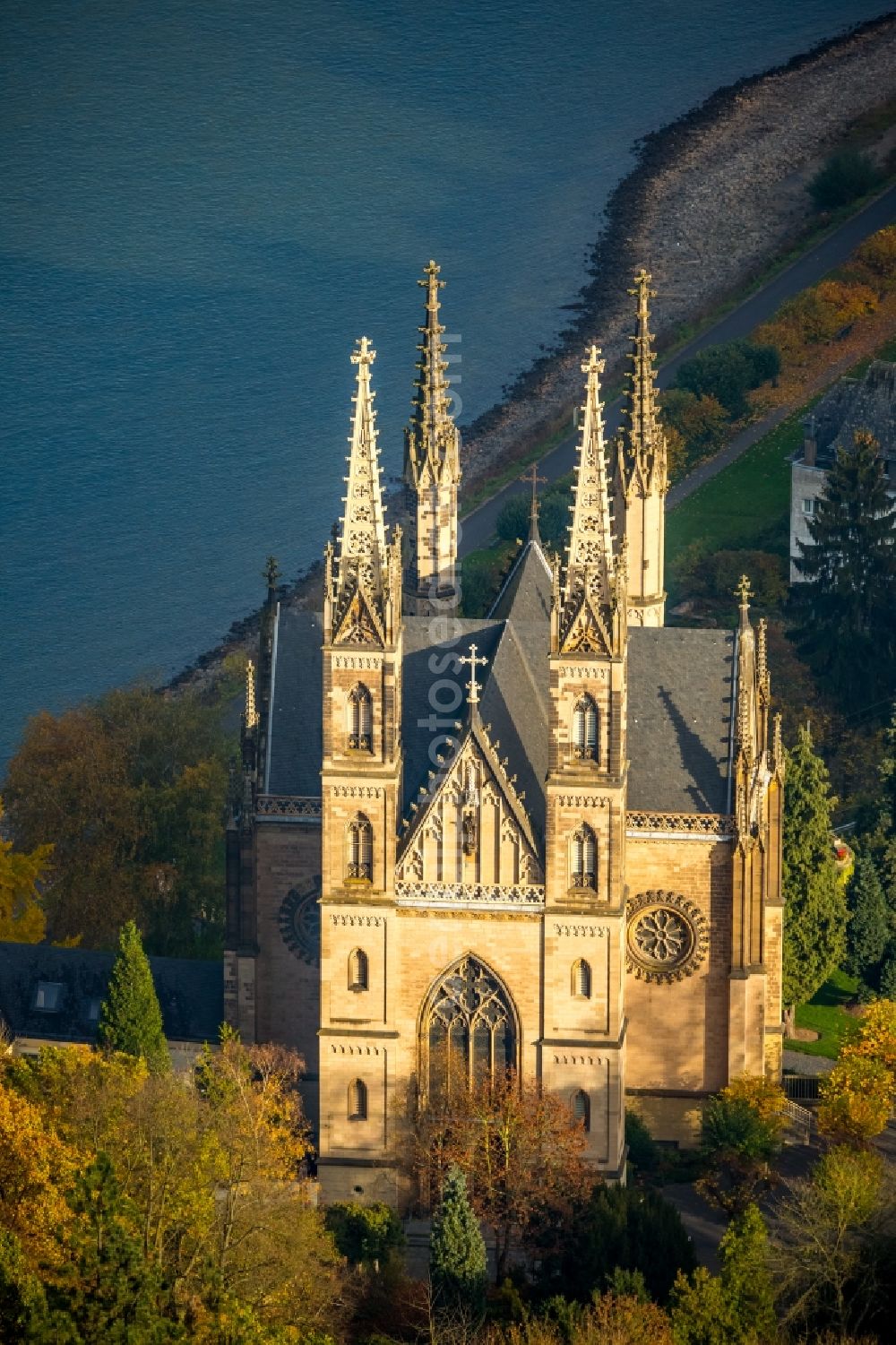 Remagen from above - Church building Apollinariskirche om Apollinarisberg in Remagen in the state Rhineland-Palatinate