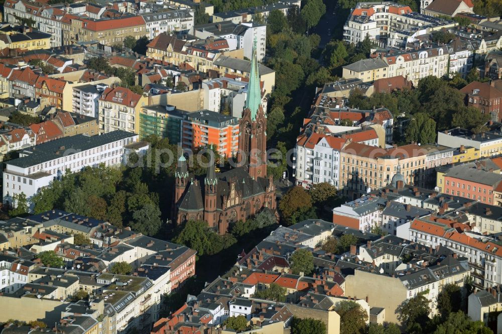 Berlin from above - Church building of Apostel-Paulus church in Akazienstrasse in the Schoeneberg part of Berlin in Germany. The brick building stems from the late 19th century and is listed as a protected building