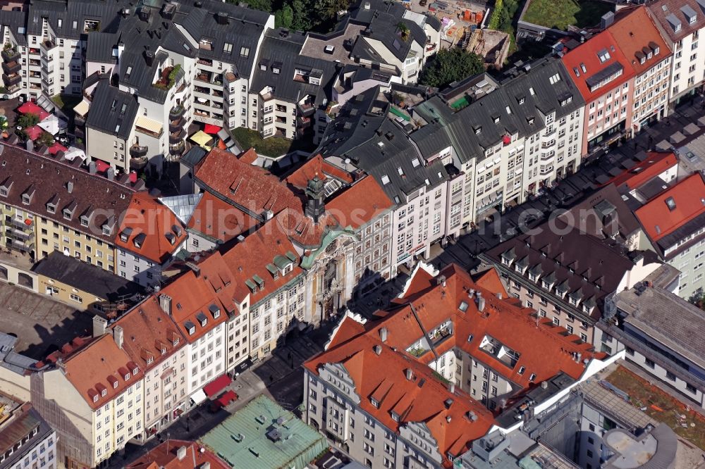 München from the bird's eye view: The Asam church / St. John Nepomuk church in the Sendlinger street in Munich-Altstadt in the state of Bavaria. The church was built as Cosmas Damian and Egid Quirin Asam and is considered to be one of the most important buildings of the southern German late baroque