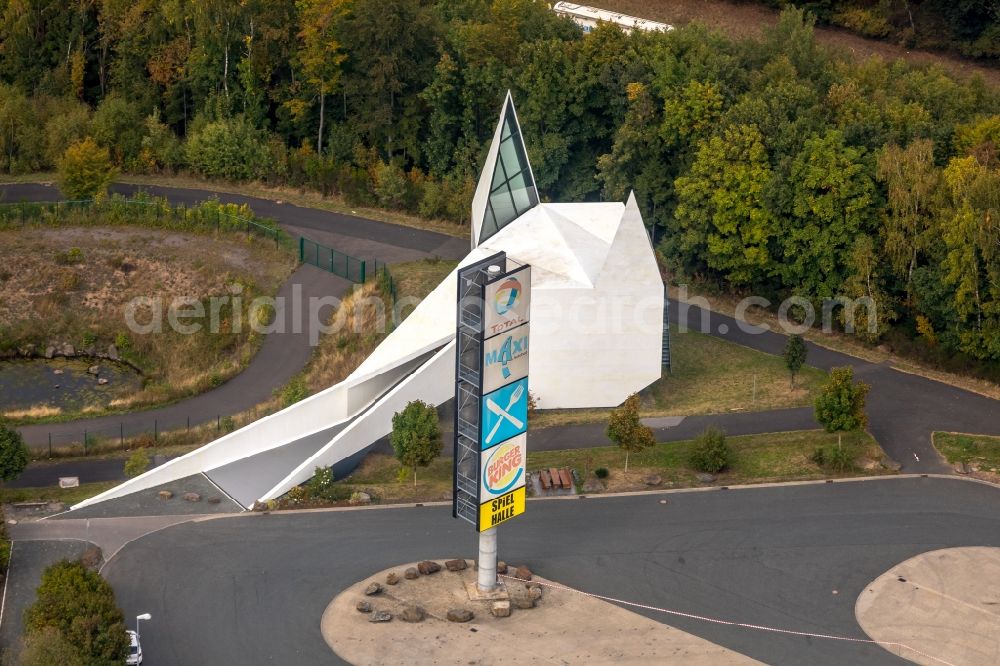 Wilnsdorf from above - Church building of the motorway church Siegerland, also motorway church at the A 45, in Wilnsdorf in the federal state North Rhine-Westphalia, Germany