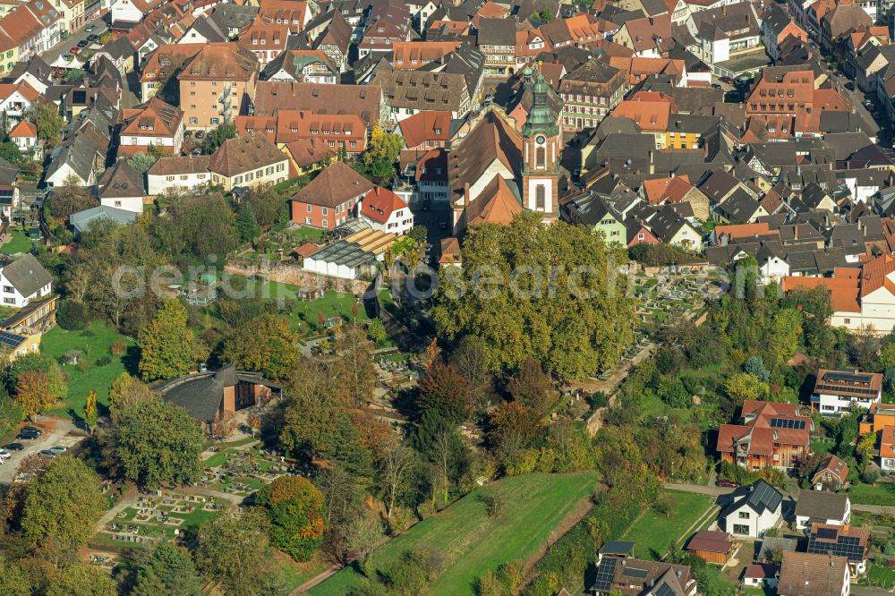 Ettenheim from the bird's eye view: Church building in Old Town- center of downtown in Ettenheim in the state Baden-Wurttemberg, Germany