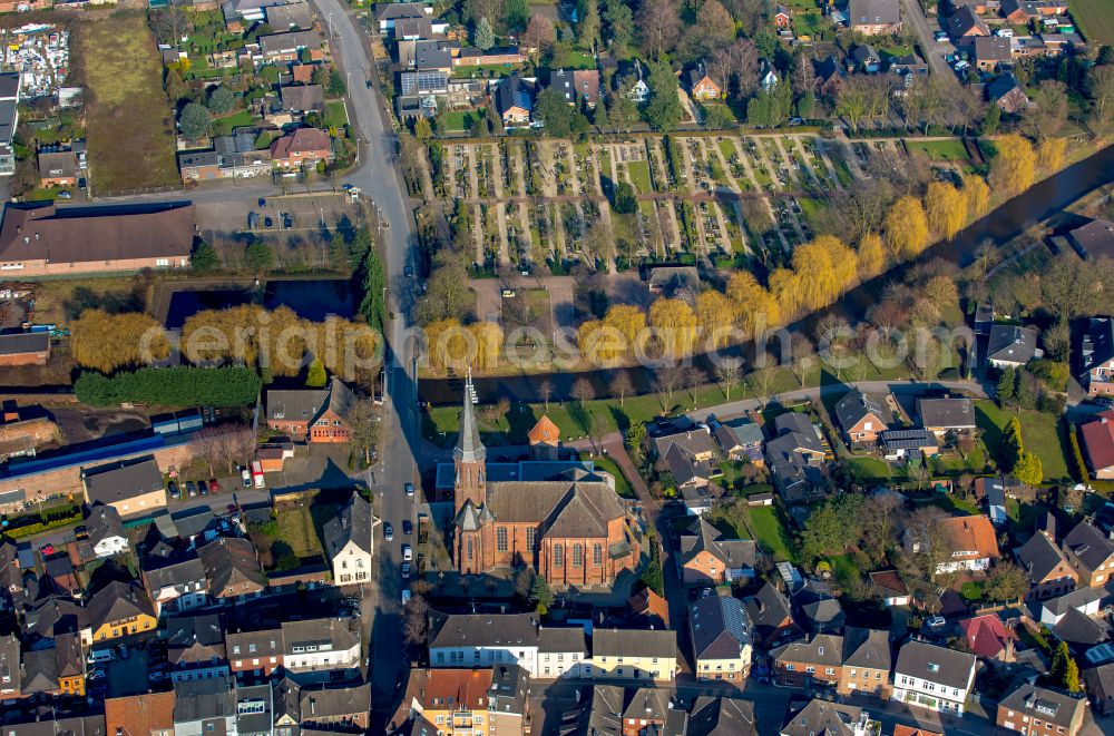 Isselburg from above - Church building in St. Bartholomaeus Old Town- center of downtown on street Muensterdeich in Isselburg in the state North Rhine-Westphalia, Germany