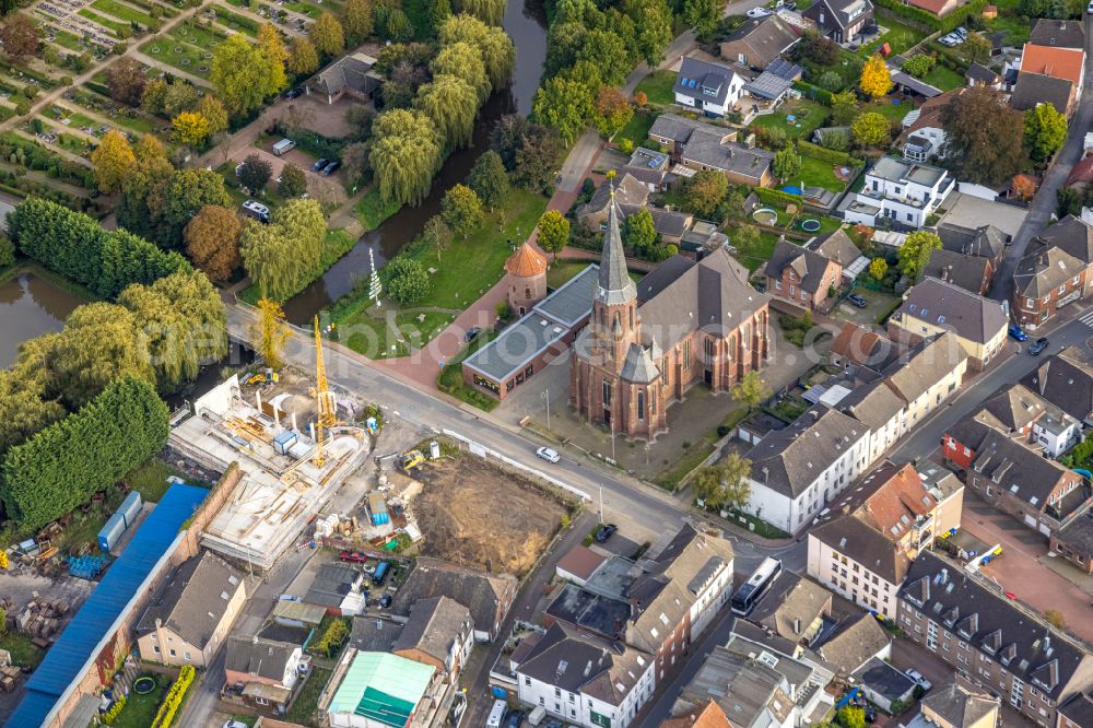 Isselburg from above - Church building in St. Bartholomaeus Old Town- center of downtown on street Muensterdeich in Isselburg in the state North Rhine-Westphalia, Germany