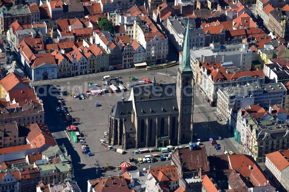 Aerial image Pilsen - Church building in St.-Bartholomaeus-Kathedrale on place Republiky Old Town- center of downtown in Pilsen in , Czech Republic