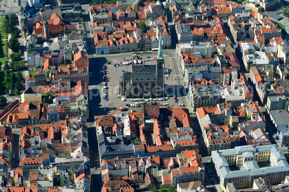 Pilsen from above - Church building in St.-Bartholomaeus-Kathedrale on place Republiky Old Town- center of downtown in Pilsen in , Czech Republic