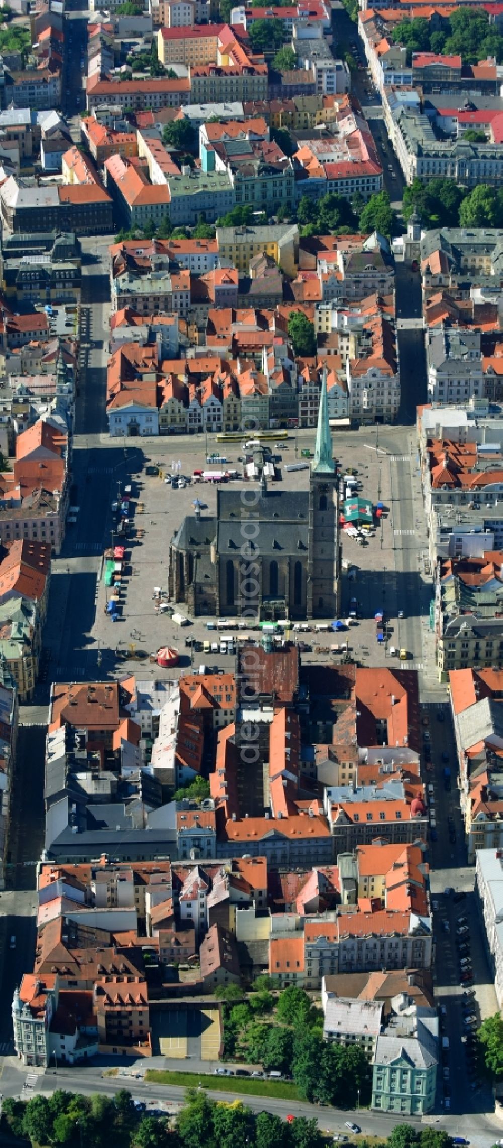 Pilsen from the bird's eye view: Church building in St.-Bartholomaeus-Kathedrale on place Republiky Old Town- center of downtown in Pilsen in , Czech Republic