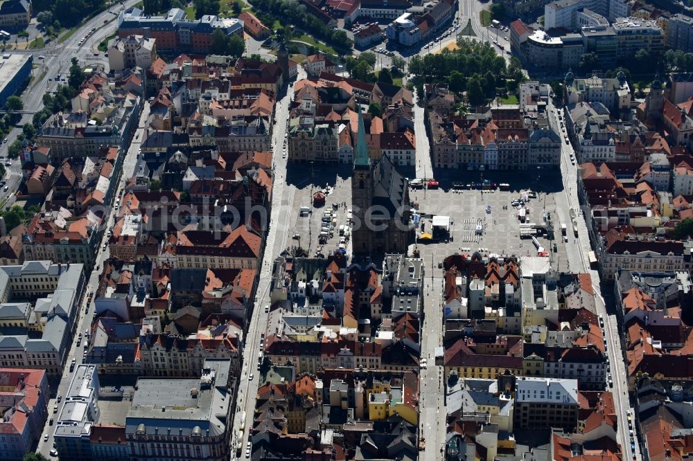 Pilsen from above - Church building in St.-Bartholomaeus-Kathedrale on place Republiky Old Town- center of downtown in Pilsen in , Czech Republic