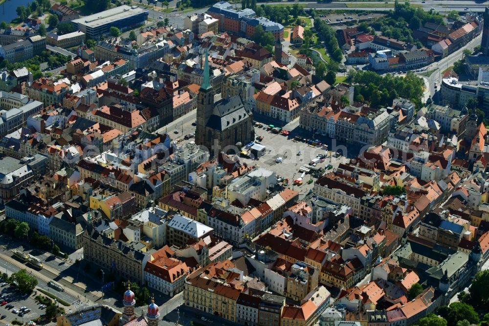 Aerial image Pilsen - Church building in St.-Bartholomaeus-Kathedrale on place Republiky Old Town- center of downtown in Pilsen in , Czech Republic