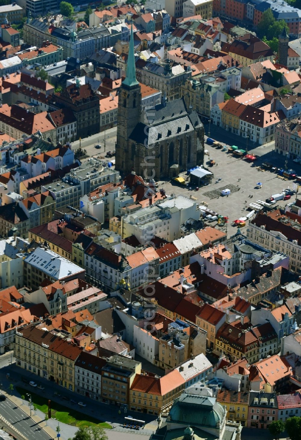 Pilsen from above - Church building in St.-Bartholomaeus-Kathedrale on place Republiky Old Town- center of downtown in Pilsen in , Czech Republic