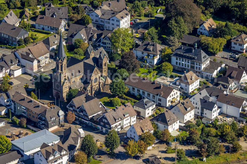 Meggen from above - Church building St. Bartholomaeus in Meggen in the state North Rhine-Westphalia, Germany