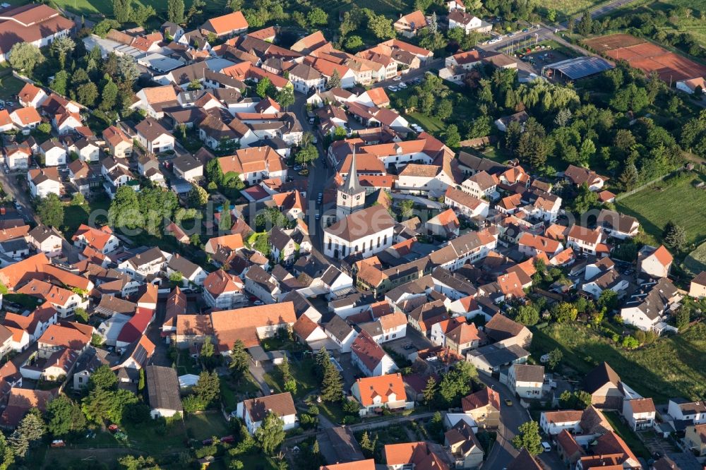 Laumersheim from above - Church building of St. Bartholemew the village of in Laumersheim in the state Rhineland-Palatinate, Germany