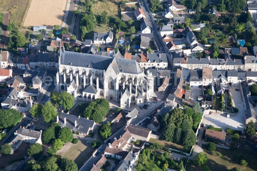 Aerial image Cléry-Saint-André - Church building in the village of in Clery-Saint-Andre in Centre-Val de Loire, France