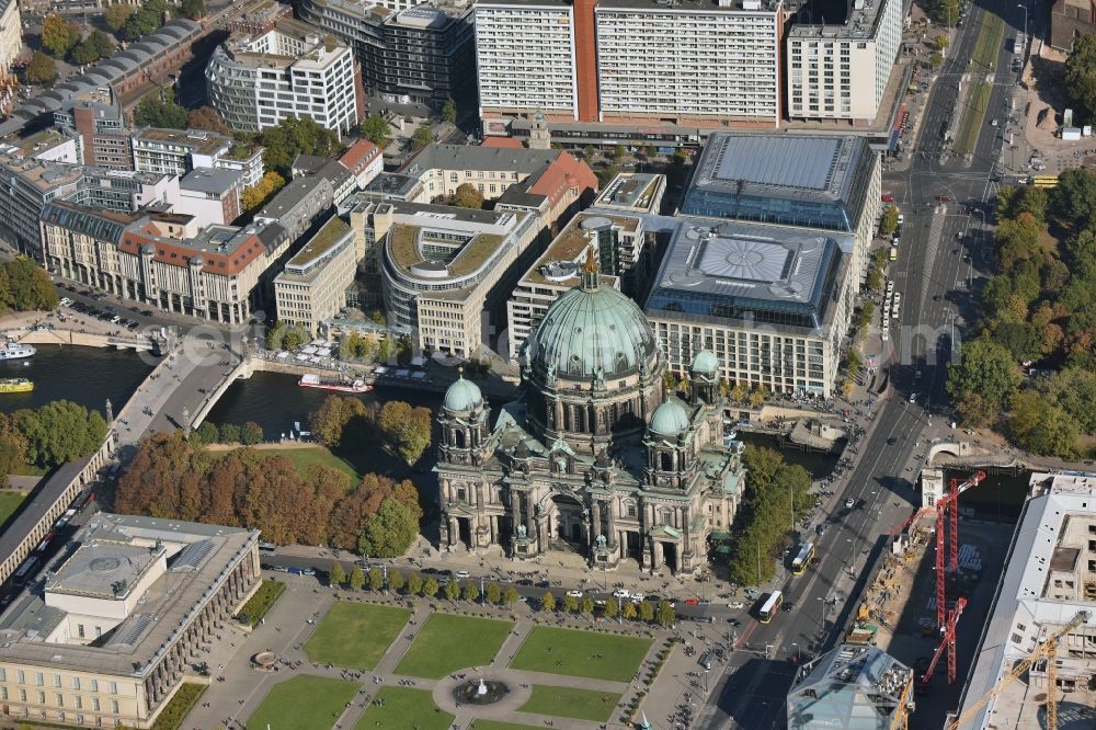 Berlin from above - Church building of the cathedral of Berliner Dom im Stadtzentrum Ost in Berlin in Germany