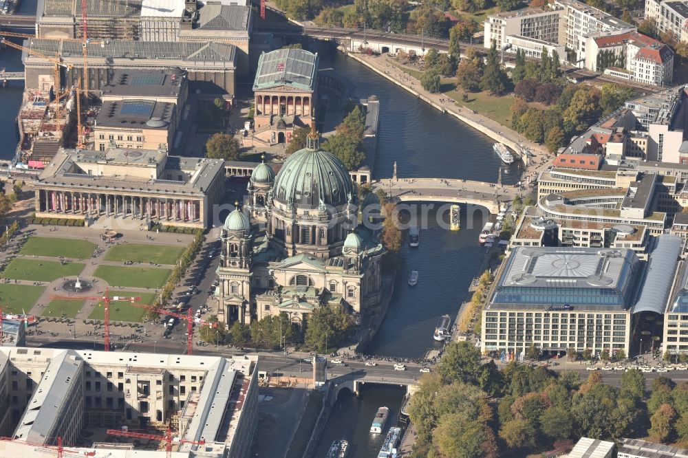 Berlin from above - Church building of the cathedral of Berliner Dom im Stadtzentrum Ost in Berlin in Germany