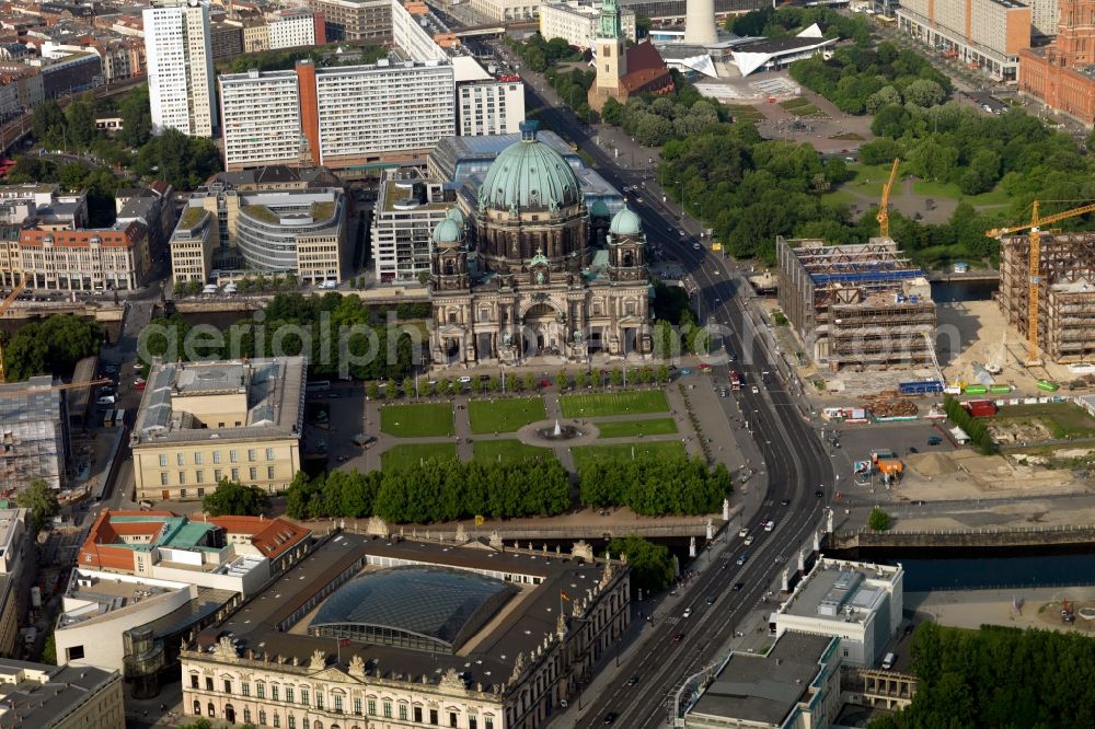 Berlin from above - Church building of the cathedral Berlin Cathedral at the Lustgarten downtown East Berlin