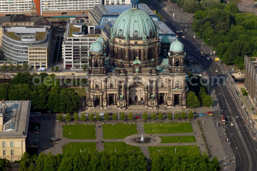 Berlin from above - Church building of the cathedral Berlin Cathedral at the Lustgarten downtown East Berlin