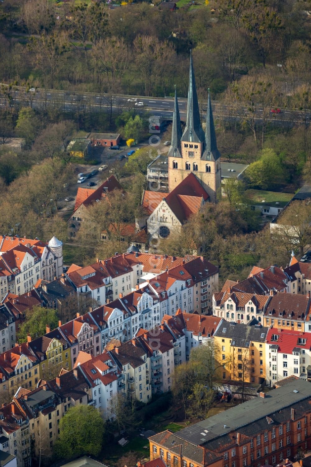 Hannover from above - Church building of the Bethlehem church in the district of Linden-Limmer in Hannover in the federal state Lower Saxony, Germany