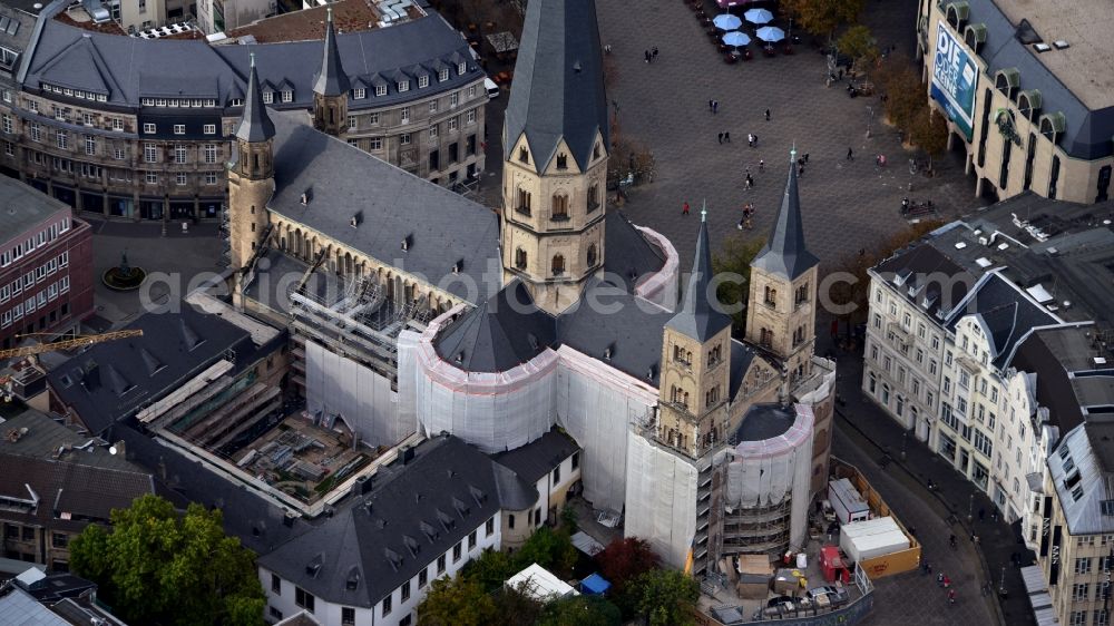 Bonn from above - Church building of the cathedral of Bonner Muenster on Muensterplatz in Bonn in the state North Rhine-Westphalia, Germany