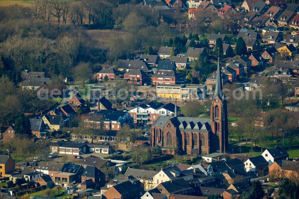 Aerial photograph Rheurdt - Church building on Place Buergerpark Old Town- center of downtown in Rheurdt in the state North Rhine-Westphalia