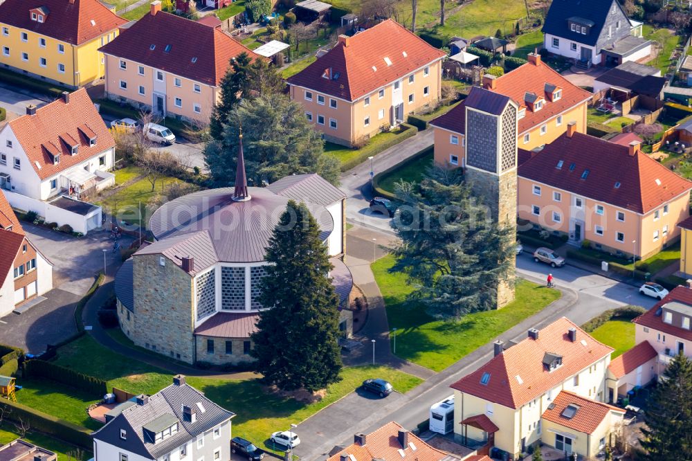 Soest from above - Church building of St. Bruno Kirche on Akazienstrasse in Soest in the state North Rhine-Westphalia, Germany