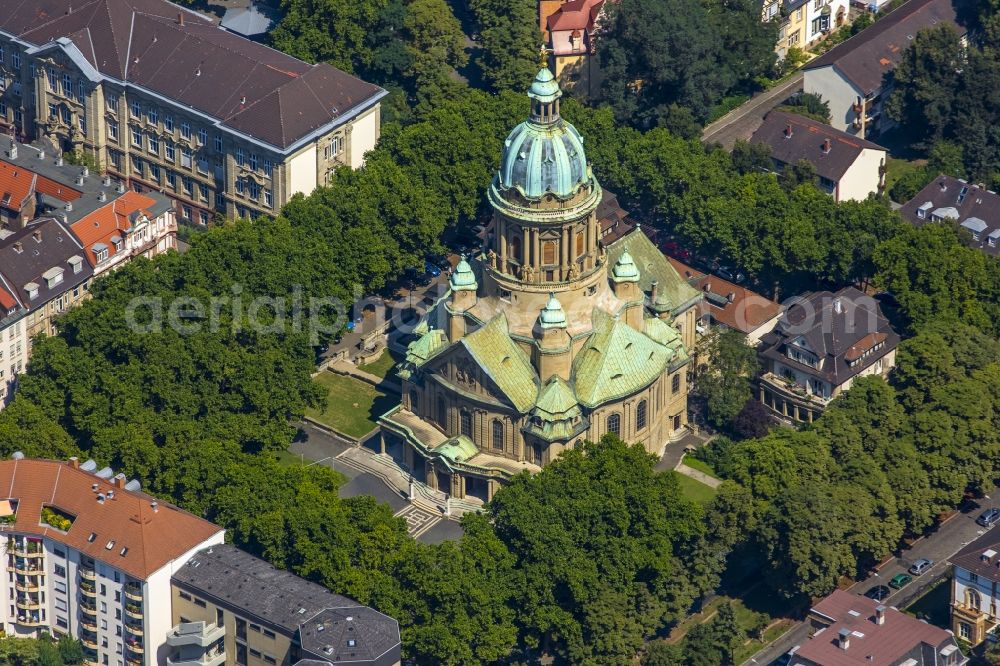 Aerial image Mannheim - Church building Christuskirche in Mannheim in the state Baden-Wuerttemberg