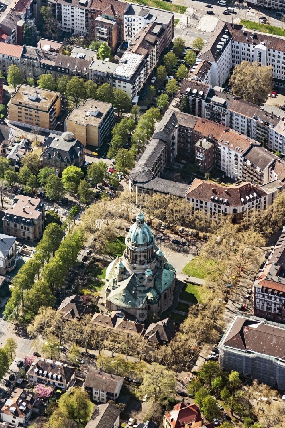 Aerial photograph Mannheim - Church building of Christuskirche in Mannheim in the state Baden-Wurttemberg, Germany