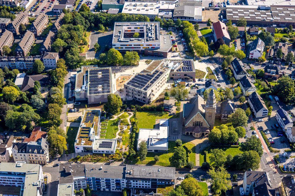 Aerial photograph Velbert - Church building of Christuskirche on Gruenstrasse in Velbert in the state North Rhine-Westphalia, Germany