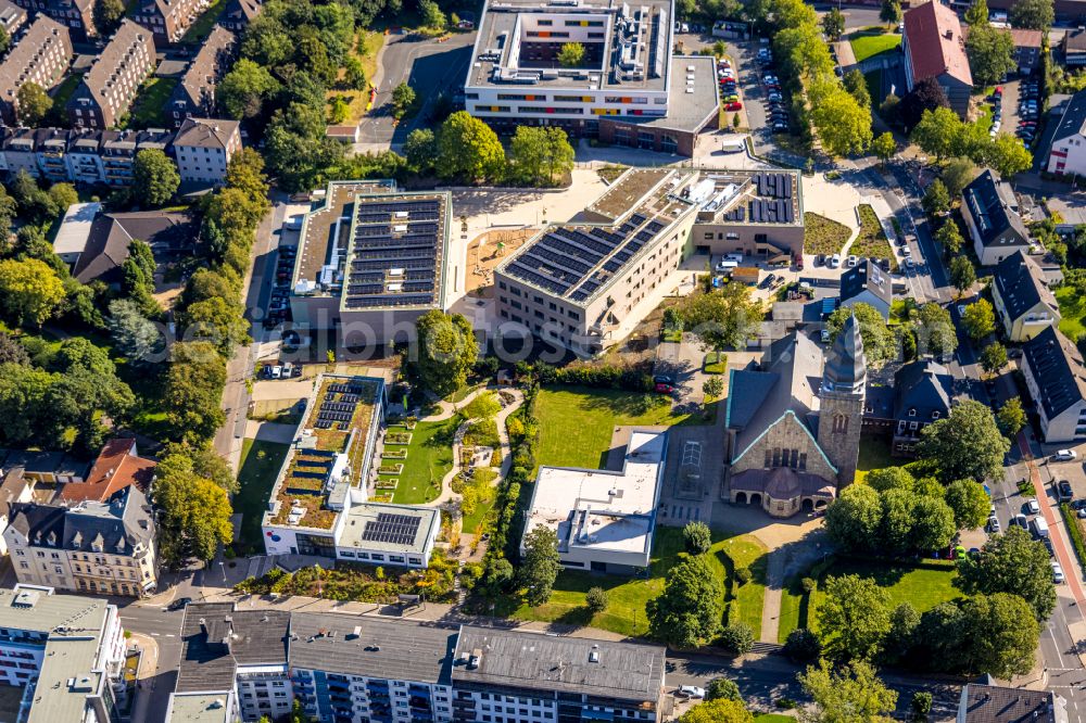 Velbert from above - Church building of Christuskirche on Gruenstrasse in Velbert in the state North Rhine-Westphalia, Germany