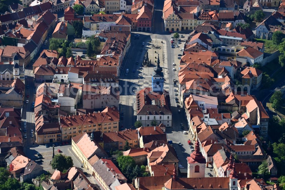 Aerial image Zatec - Saaz - Church building in Church of the Assumption Chram Nanebevzeti Panny Marie Old Town- center of downtown in Zatec - Saaz in Ustecky kraj - Aussiger Region, Czech Republic