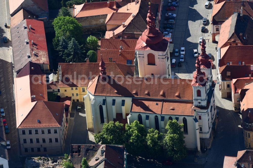 Aerial photograph Zatec - Saaz - Church building in Church of the Assumption Chram Nanebevzeti Panny Marie Old Town- center of downtown in Zatec - Saaz in Ustecky kraj - Aussiger Region, Czech Republic