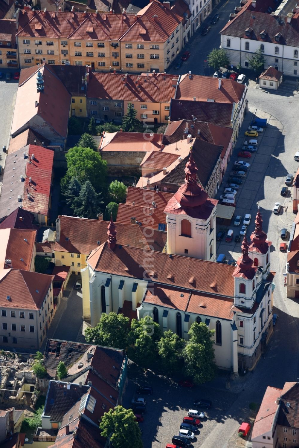 Zatec - Saaz from above - Church building in Church of the Assumption Chram Nanebevzeti Panny Marie Old Town- center of downtown in Zatec - Saaz in Ustecky kraj - Aussiger Region, Czech Republic