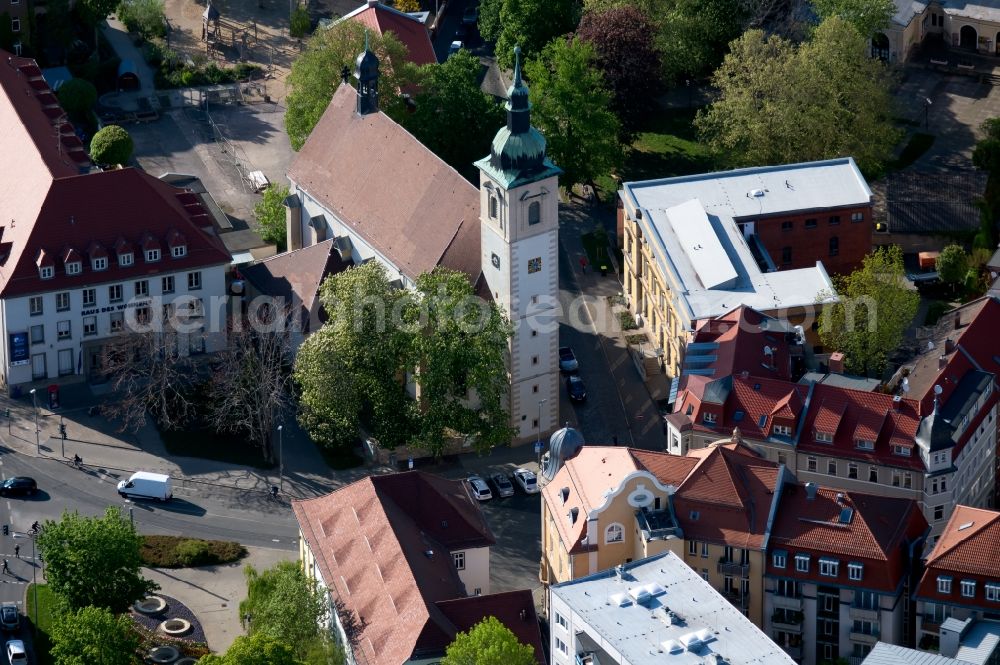 Erfurt from the bird's eye view: Church building St. Crucis (Neuwerkkirche) on Lutherstrasse in the district Altstadt in Erfurt in the state Thuringia, Germany