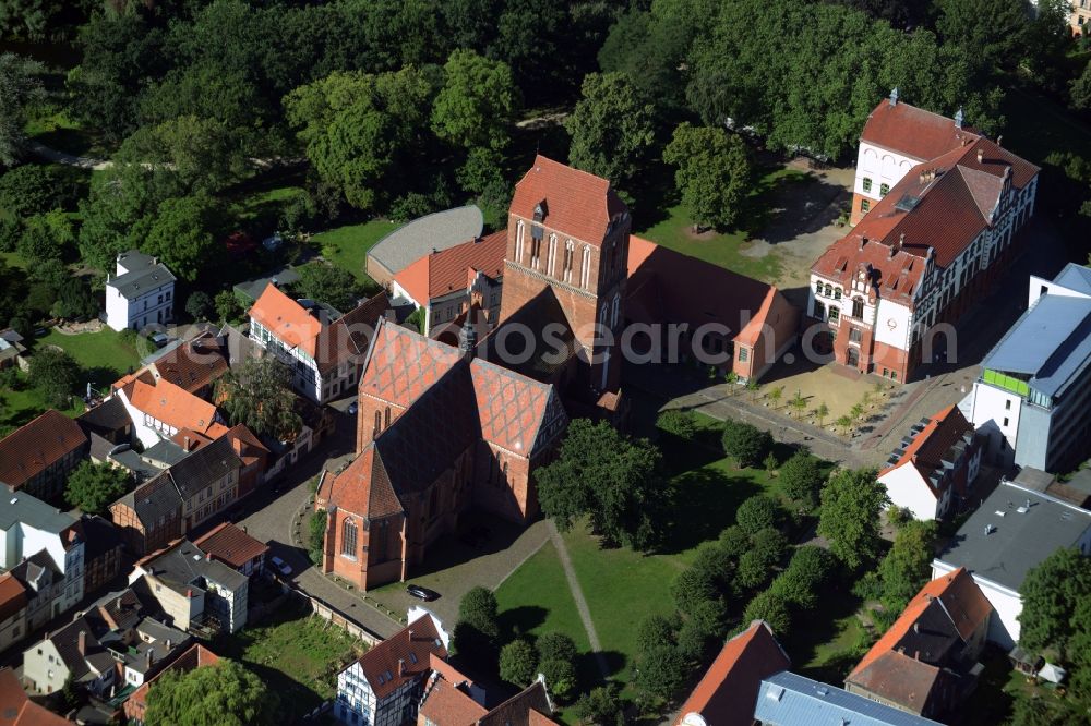 Güstrow from above - Church building of the cathedral Dom zu Guestrow in Guestrow in the state Mecklenburg - Western Pomerania