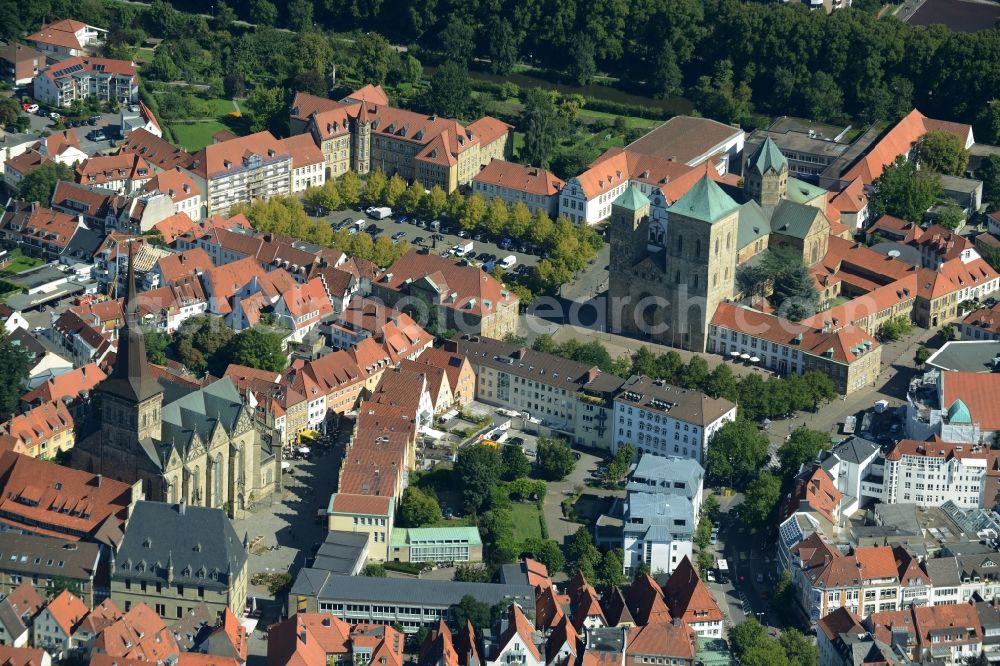 Osnabrück from above - Church building of the cathedral of St.Peter in Osnabrueck in the state of Lower Saxony. Marienkirche church is located in front of the cathedral